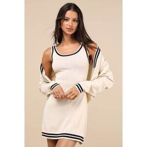 Lulus Charming Duo Beige Two-piece Sweater Dress & Cardigan Set - Size M